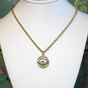 14k GP Evil Eye Coin Medallion Layering Paperclip Chain Necklace